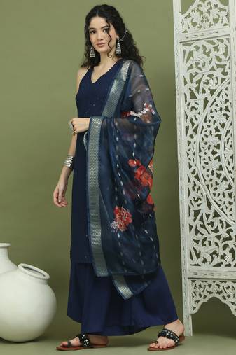 Embroidered rayon kurta palazzos with dupatta
