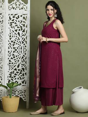 Embroidered rayon kurta palazzos with dupatta 3