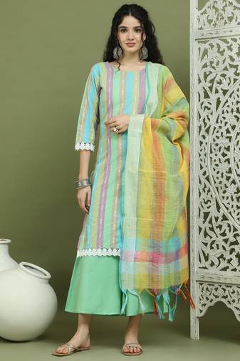 Lace work, woven design straight kurta palazza & dupatta