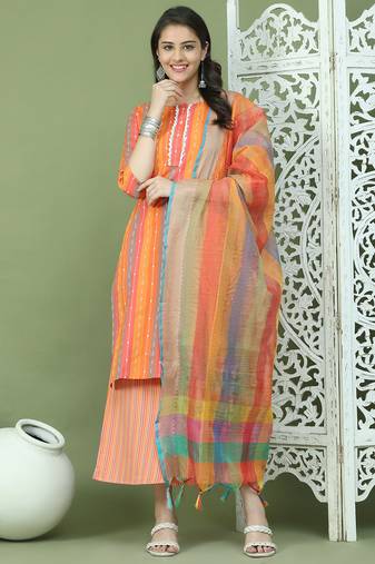 Lace work, woven design straight kurta palazza & dupatta