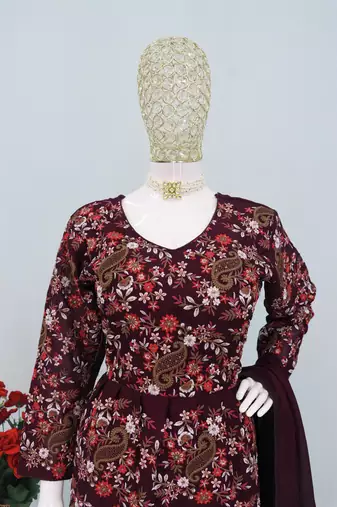 Purpul chinon embroidered with sequin free size full stitched salwar suit