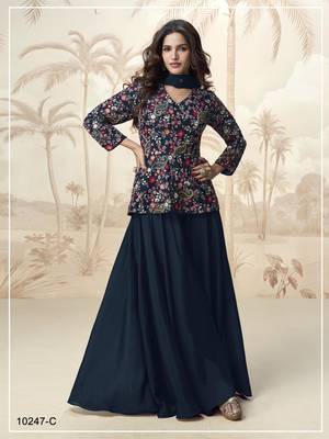 Blue chinon embroidered with sequin free size full stitched salwar suit 1