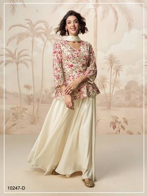 Cream chinon embroidered with sequin free size full stitched salwar suit 1