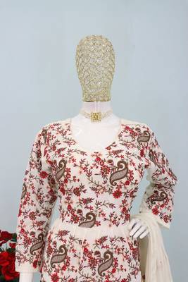 Cream chinon embroidered with sequin free size full stitched salwar suit 2
