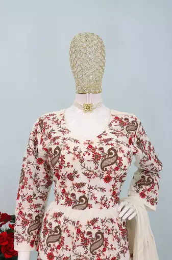 Cream chinon embroidered with sequin free size full stitched salwar suit