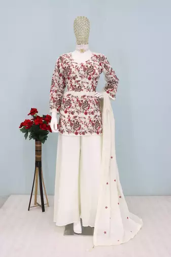 Cream chinon embroidered with sequin free size full stitched salwar suit