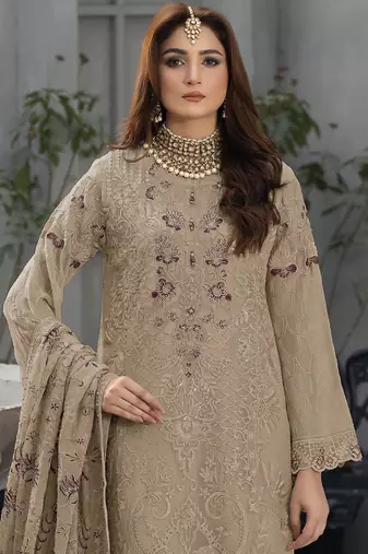 Brown faux georgette embroidered salwar suit