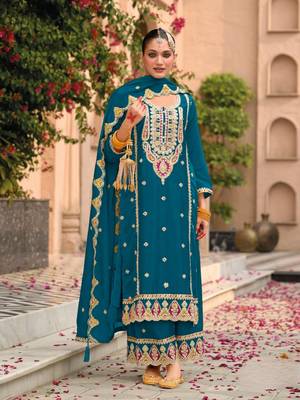 Teal premium embroidered chinon salwar suit 1