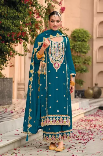 Teal premium embroidered chinon semi stitched salwar suit