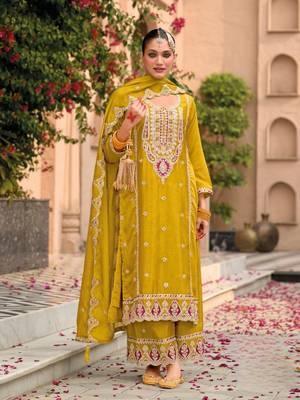 Yellow premium embroidered chinon salwar suit 1