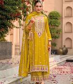 Yellow premium embroidered chinon semi stitched salwar suit
