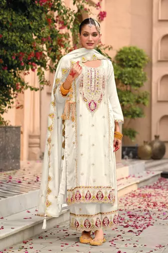 Beige embroidered chinon semi stitched salwar suit