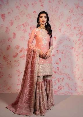 Peach Georgette Embroidered Kurta Sharara with Dupatta. 1