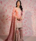 Peach Georgette Embroidered Kurta Sharara with Dupatta.
