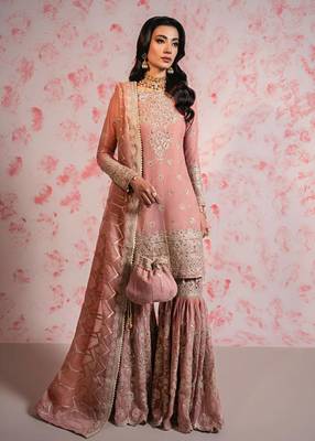 Peach Georgette Embroidered Kurta Sharara with Dupatta. 2