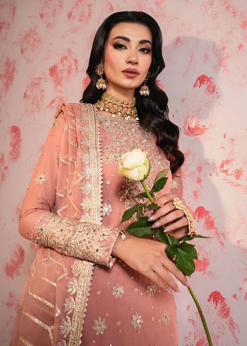Peach Georgette Embroidered Kurta Sharara with Dupatta.