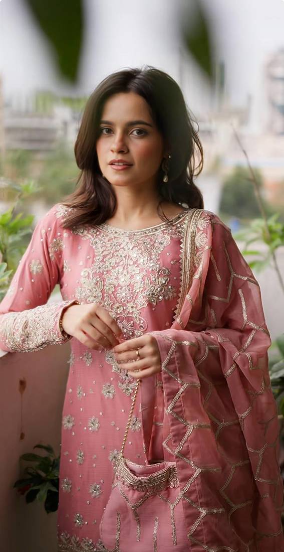 Peach Georgette Embroidered Kurta Sharara with Dupatta.