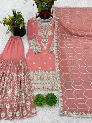 Peach Georgette Embroidered Kurta Sharara with Dupatta. 5