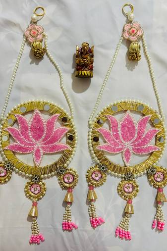 Decorative Lotus-Themed Wall Hanging with Bead and Mirror Work (Set of 2)