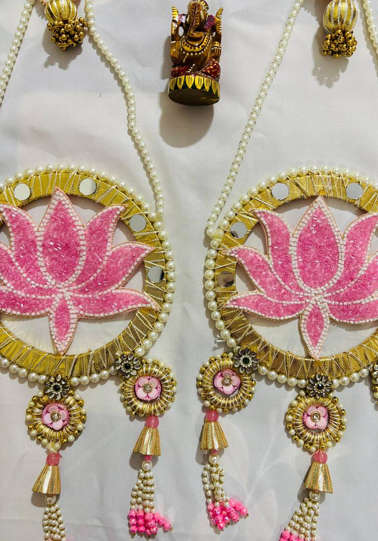 Decorative Lotus-Themed Wall Hanging with Bead and Mirror Work (Set of 2)