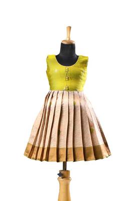 Parrot green Banarasi Short Sleeve semmal baby frock for kids 1