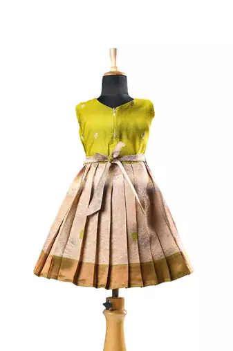 Parrot green Banarasi Short Sleeve semmal baby frock for kids