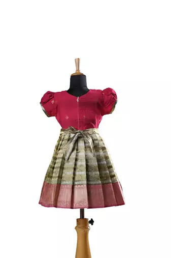 Pink Banarasi sprout Short Sleeve baby frock for kids