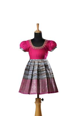 Pink flower Banarasi Short Sleeve pattu pavadai bell baby frock for kids 1