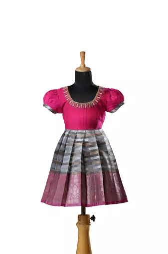 Pink flower Banarasi Short Sleeve bell baby frock for kids