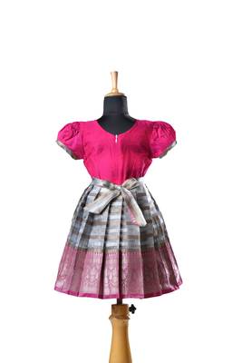 Pink flower Banarasi Short Sleeve pattu pavadai bell baby frock for kids 2