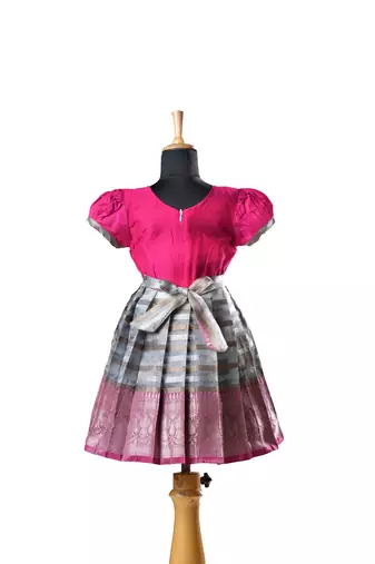 Pink flower Banarasi Short Sleeve pattu pavadai bell baby frock for kids