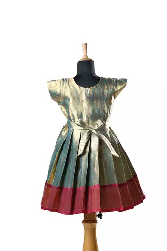 Blue mango Banarasi leaf Short Sleeve baby frock for kids