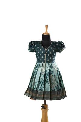 Dark green Banarasi Short Sleeve lantana baby frock for kids 1