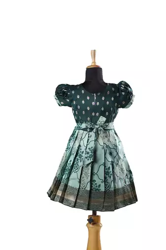 Dark green Banarasi Short Sleeve lantana baby frock for kids