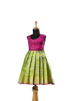 Pink floral tissue Banarasi Sleeveless baby frock for kids 1