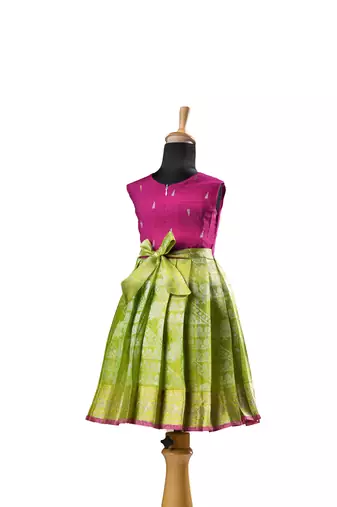 Pink floral tissue Banarasi Sleeveless baby frock for kids