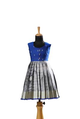 Blue floral Banarasi Sleeveless tissue baby frock for kids 1