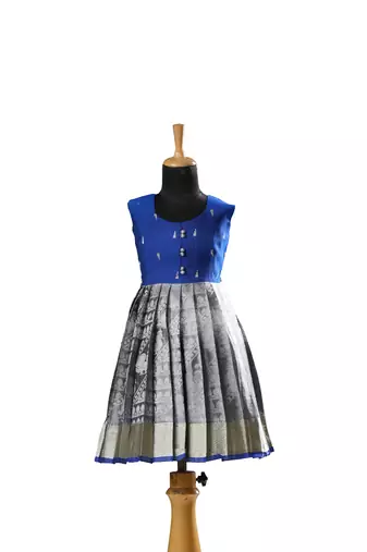 Blue floral Banarasi Sleeveless tissue baby frock for kids