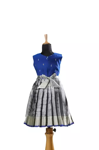 Blue floral Banarasi Sleeveless tissue baby frock for kids