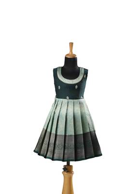 Teal green Banarasi golden Sleeveless cocoon baby frock for kids 1