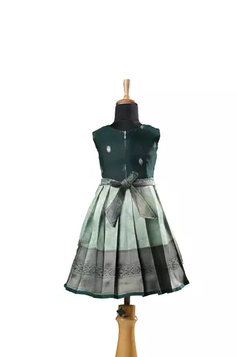 Teal green Banarasi golden Sleeveless cocoon baby frock for kids