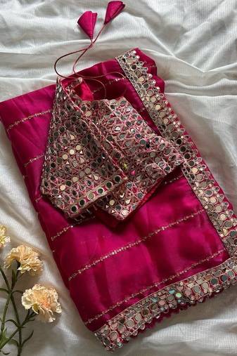 Ranipink jimmy chhu saree with beautiful mirror work design fully stitched blouse