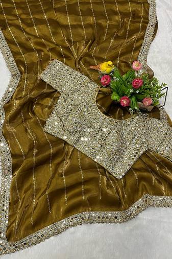 Mustard jimmy chhu saree with beautiful mirror work design fully stitched blouse