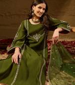 Women green silk blend embroidered a-line kurta sets