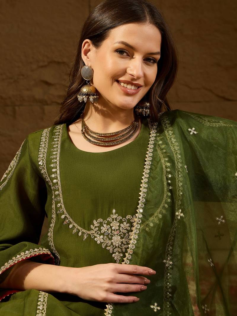 Women green silk blend embroidered a-line kurta sets