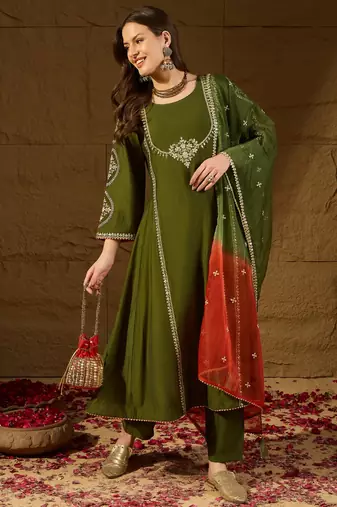 Women green silk blend embroidered a-line kurta sets