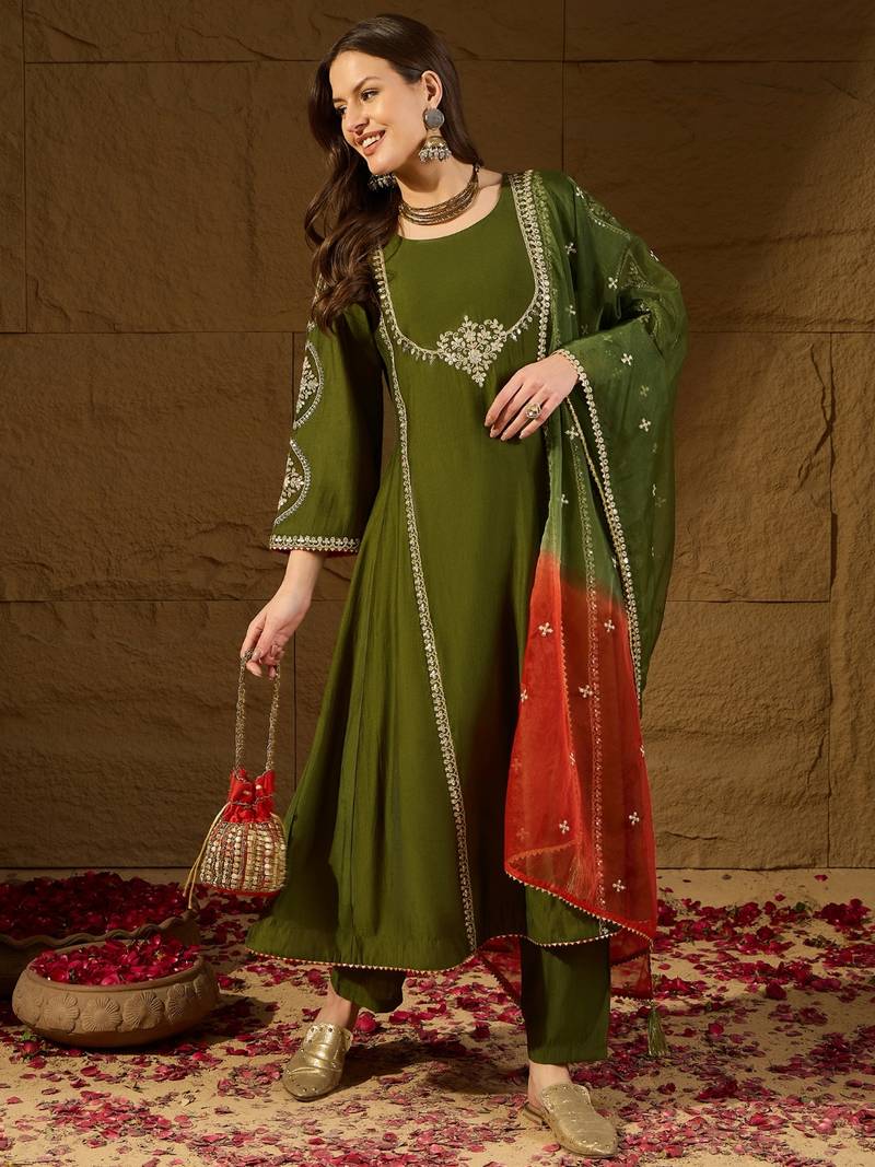 Women green silk blend embroidered a-line kurta sets