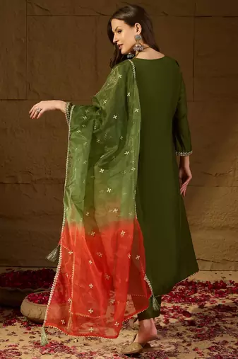 Women green silk blend embroidered a-line kurta sets