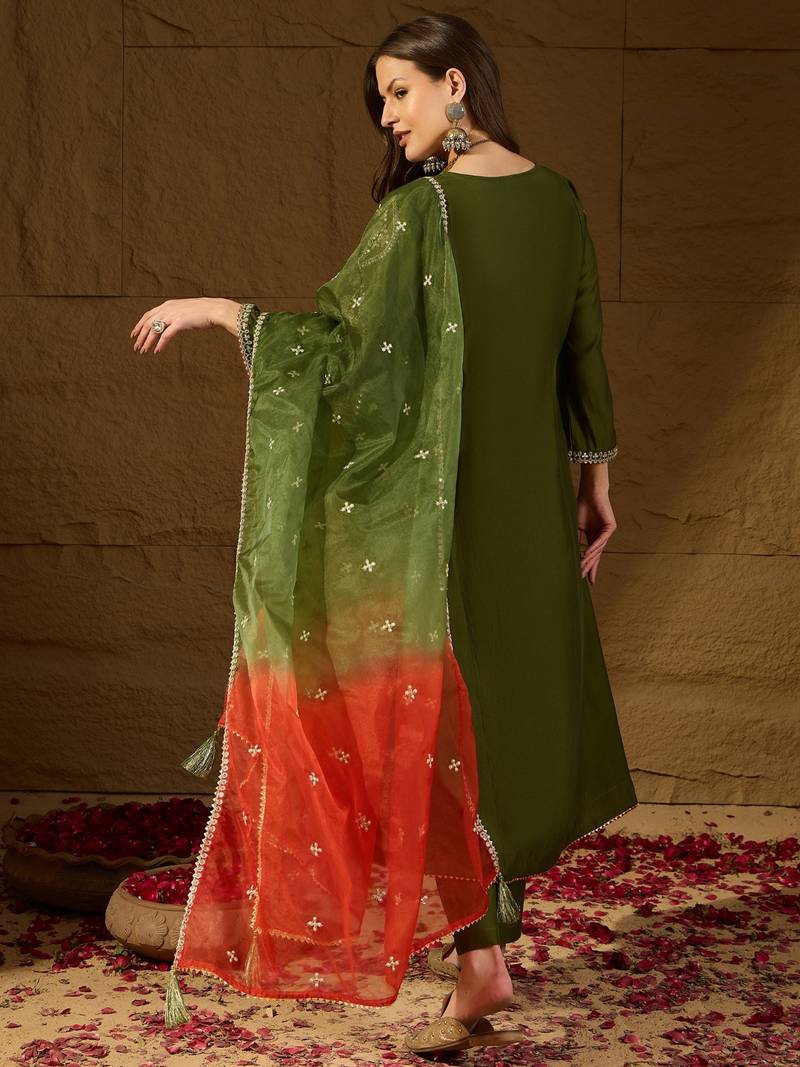 Women green silk blend embroidered a-line kurta sets