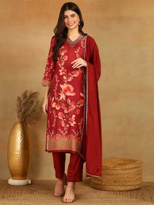 Women maroon rayon blend floral printed straight kurta sets 1